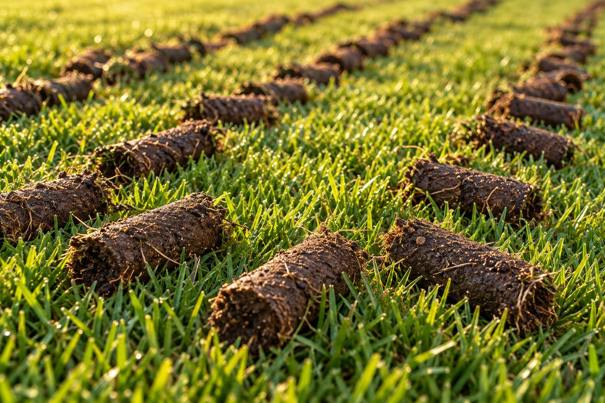 Soil cores left on a lawn after hollow-tine aeration
