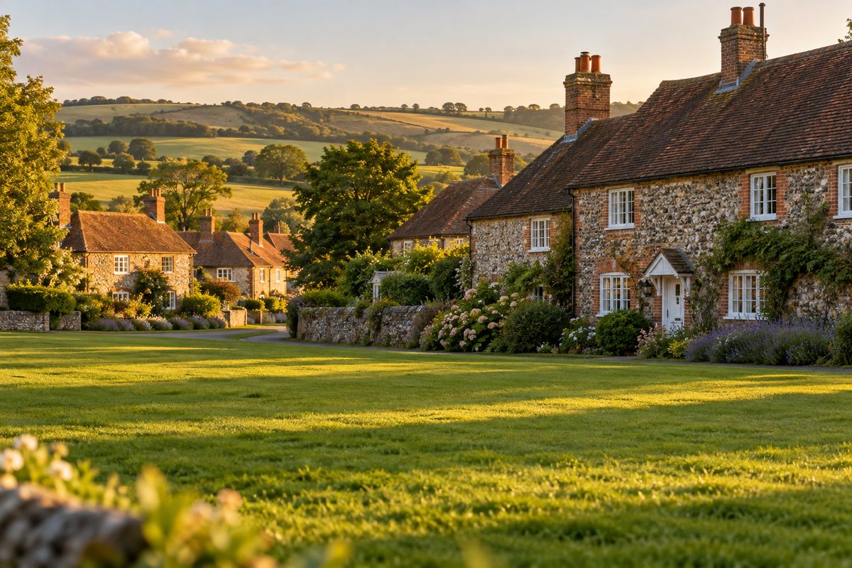 A village lawn beside flint and brick cottages with downland behind