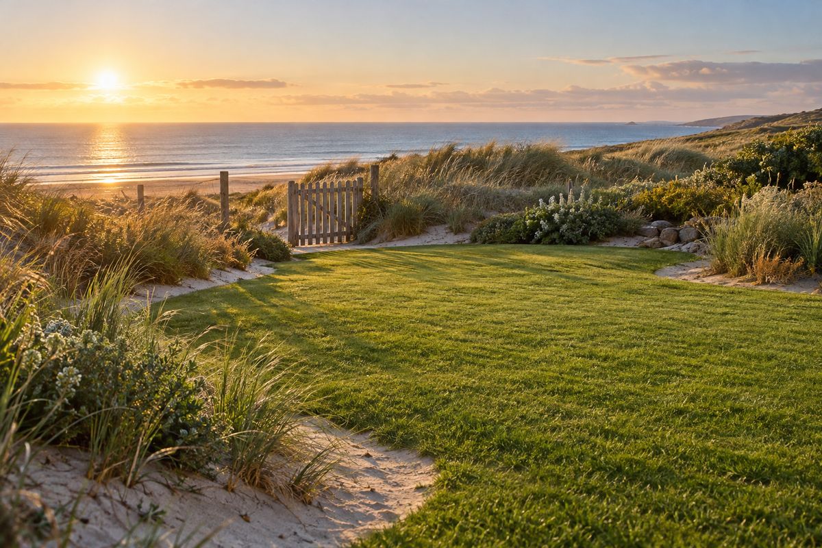 A garden lawn on sandy coastal ground beside dunes and the sea
