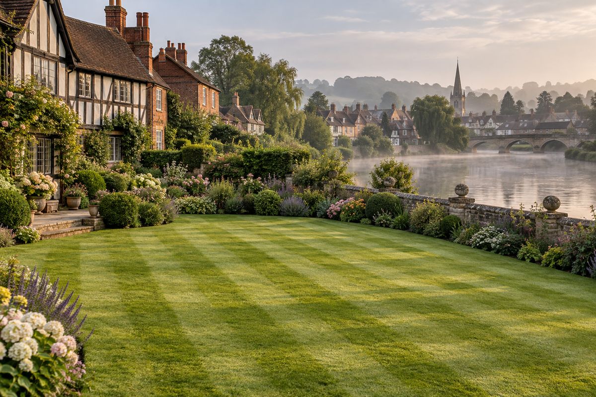 A striped lawn beside timber-framed houses and a misty river