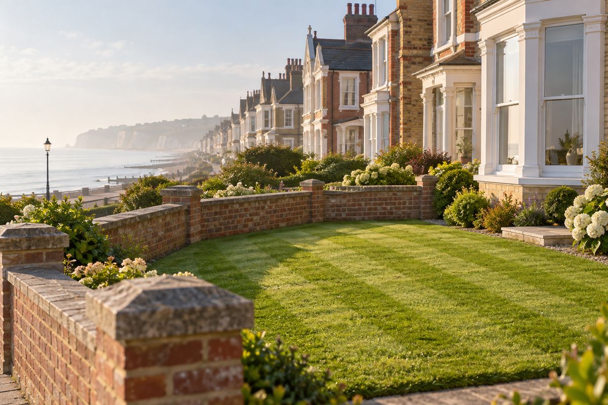 A striped front lawn behind a brick wall on a Kent seafront terrace