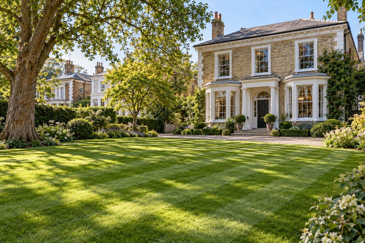 A generous lawn in front of a Georgian and Victorian villa
