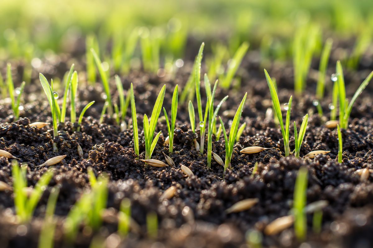 New grass seedlings coming through topsoil